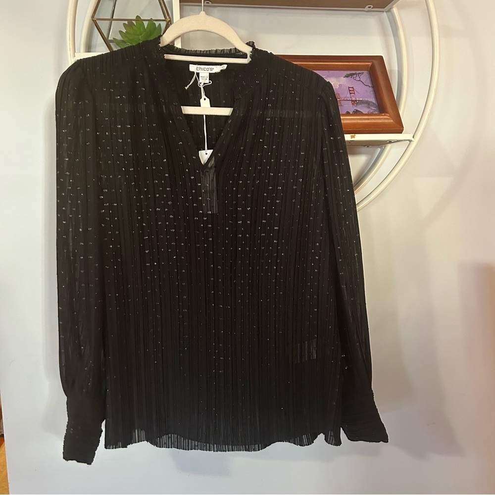 Chicos Women’s 1 Black Metallic Holiday Sparkle Long Sleeve Blouse NWT